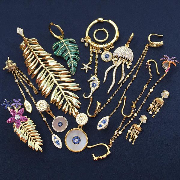 

stud bulgarian earrings s925 sterling silver golden yellow jellyfish palm leaf small fish starfish seahorse tassel female, Golden;silver