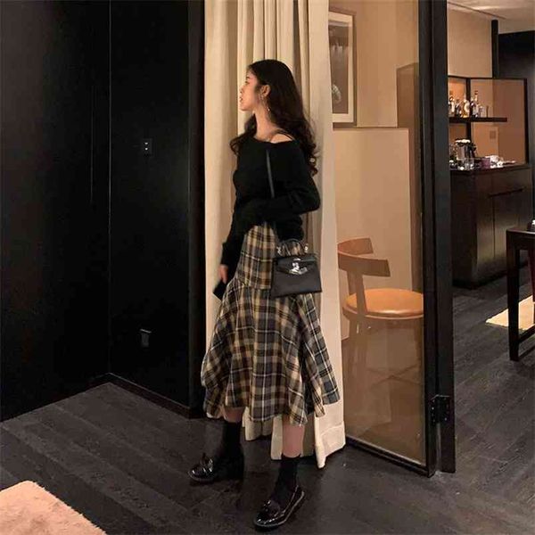 

spring & autumn irregular high waist slimming simple plaid skirt wild casual women a-line long 210527, Black