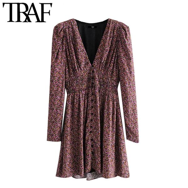 

traf women chic fashion with lining floral print mini dress vintage long sleeve elastic waist female dresses vestidos 210415, Black;gray