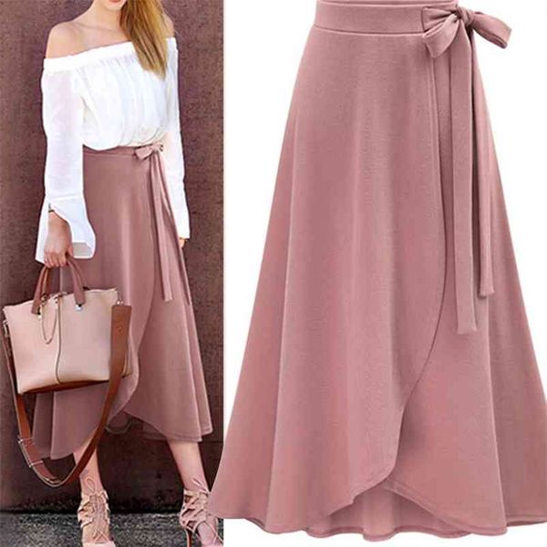 Chiffon Rosa Rüschen Frauen Langer Rock Hohe Taille Bowtie Split Unregelmäßige Maxi Röcke Damen Frühling Winter Büro Kleidung Weibliche 210412