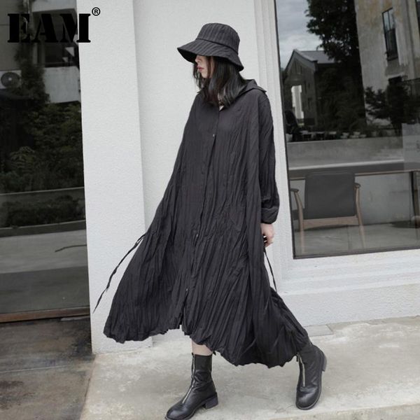 

[eam] women black pleated irregular big size dress lapel long sleeve loose fit fashion tide spring autumn 2021 1db194 casual dresses, Black;gray