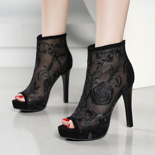 

sandals summer hollow out women retro mesh embroidered super high heels open toe shoes black stiletto back zipper