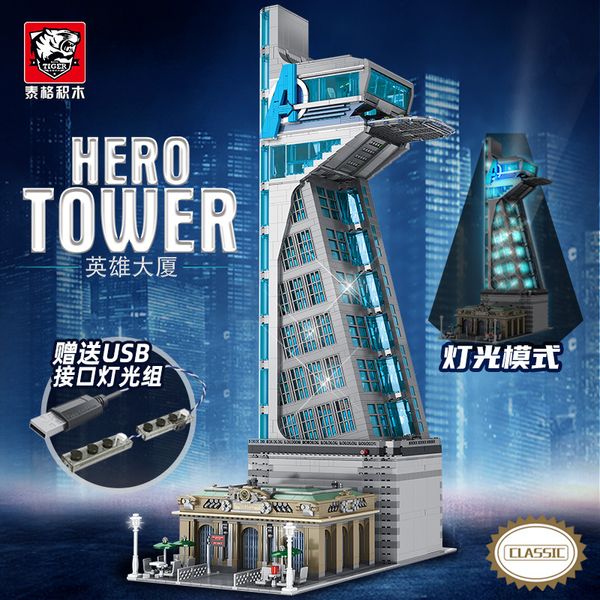 Em estoque 5883pcs 55120 herói torre ferro torre homem base modelo com luzes led construindo bloco tijolos brinquedos aniversário de natal presentes