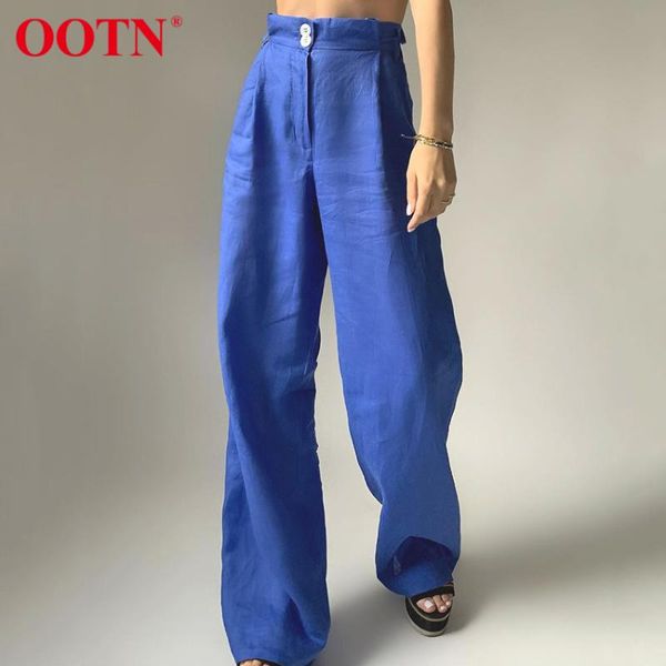 

women's pants & capris ootn cotton high waist buttons zipper waisted woman fashion street floor-length wide leg loose pocket solid, Black;white
