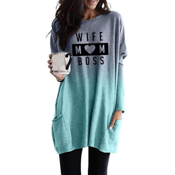 

women's t-shirt arrival gradient long sleeve pocket for women wife mom letters print tshirt plus size, White