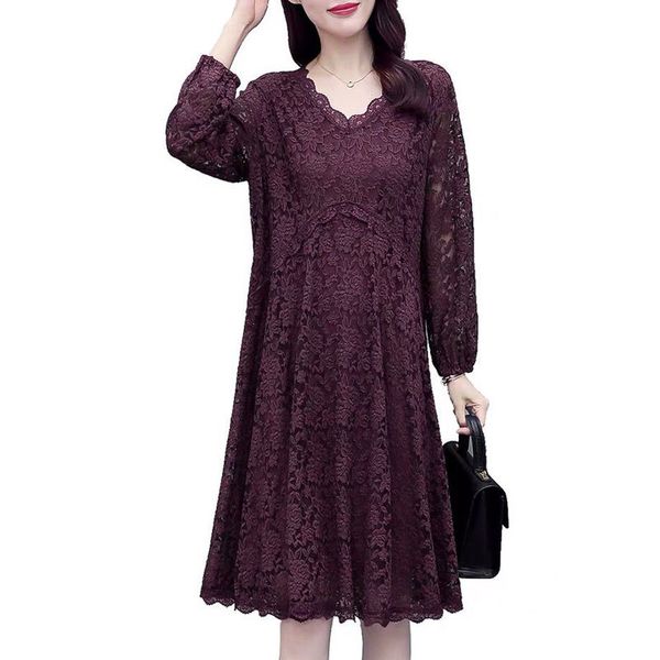 

casual dresses spring summer plus size lace dress women korean v-neck long sleeve mid-length fashion loose ladies vestidos g962 b, Black;gray