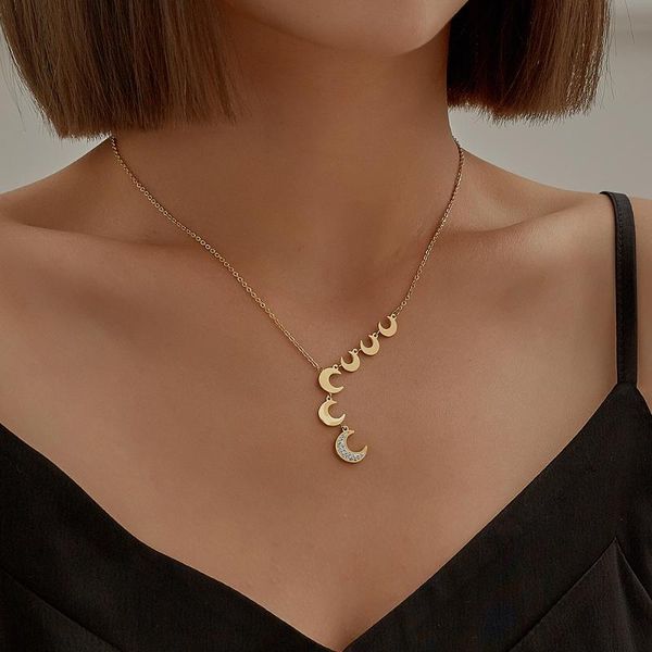 

pendant necklaces stainless steel gold plated crescent necklace rhinestone crystal moon tassel jewelry women cadenas de oro puro, Silver