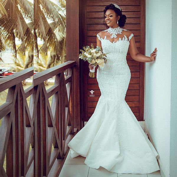 

plus size mermaid wedding dresses bridal gowns crystal high neck vintage tulle lace appliques country africa robe de mariÃ©e, White