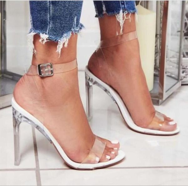 

jelly sandals crystal open toed high heels buckle strap women transparent heel pumps 11cm, Black