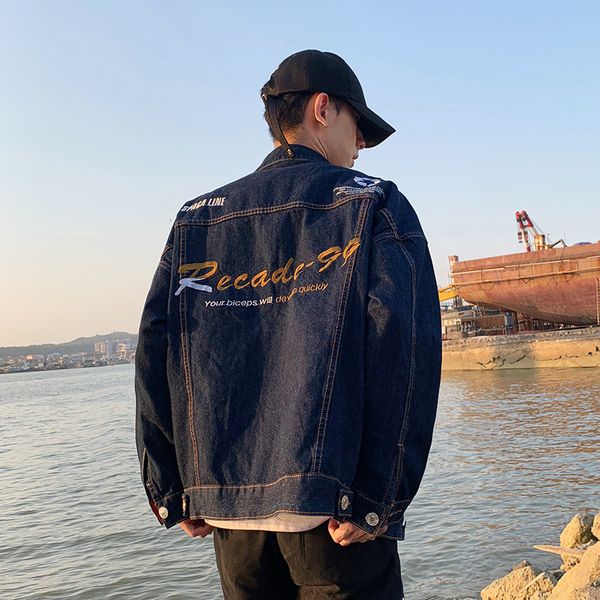 

men's jackets spring teenagers denim jacket male embroidery trend handsome plus size loose tlwx, Black;brown