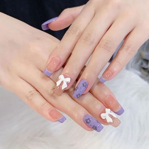 

false nails 24pcs purple bow fake wear long paragraph fashion manicure patch finished full cover wearable nail art tools, Red;gold