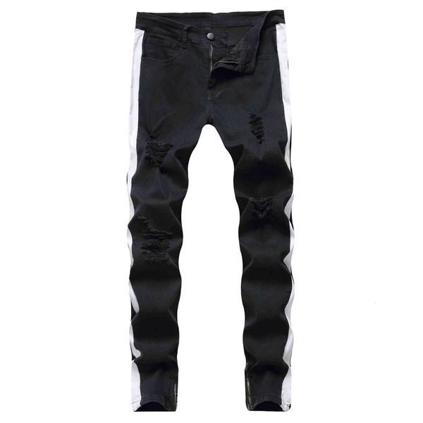 

fashion jeans small foot zipper men's knee hole slim, Blue