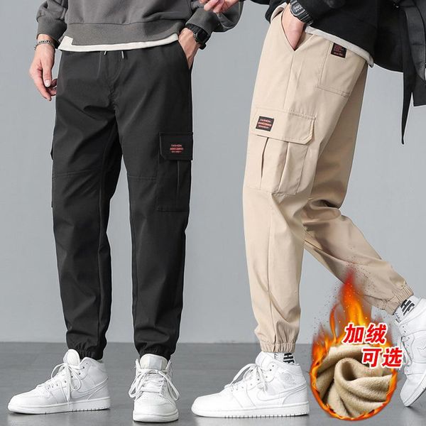 

casual men pants korean streetwear mens cargo men's fall winter plus velvet overalls sweatpants size couples, Black