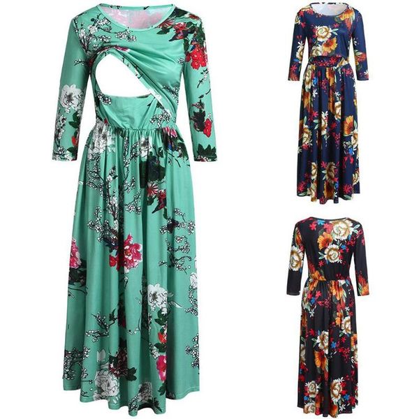 

comfortable women dresses spring female long sleeve o-neck maternity breastfeeding clothes floral printing patchwork pullover, White