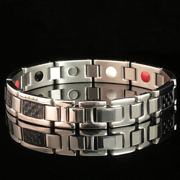 

link, chain health care magnetic bracelet for men stainless steel hand luxury blue carbon fiber armbanden female jewelry gift him, Black
