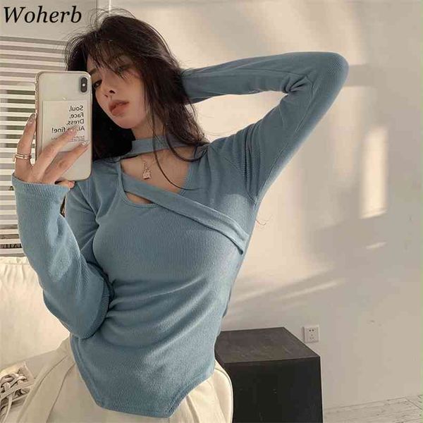 

slim fit basic knitted t-shirt women halter bandage long sleeve t shirts korean chic ins elegant stretch tees 210519, White