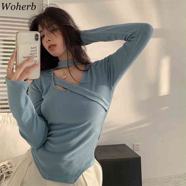 Slim Fit Basic T-Shirt T-Shirt Mulheres Halter Bandage Tops Manga Longa Camisetas Coreano Chic Ins Elegante Estiramento T-shirt 210519