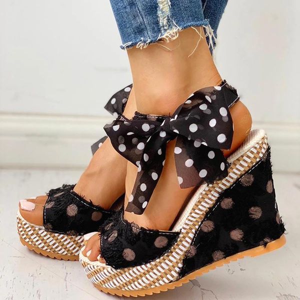 

sandals sandalen vrouwen platform wiggen hak mode katoen stof dot lace-up schoenen schoeisel 2021 zomer, Black
