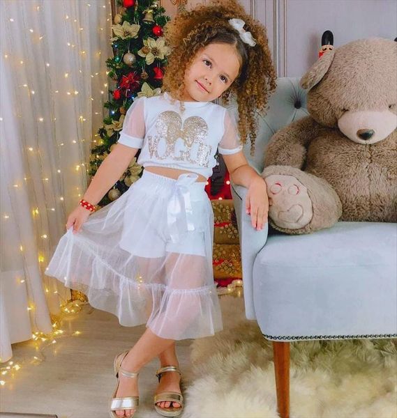 

summer toddler kids baby girls clothes princess sets vogue mesh short sleeve ruffle skirt outfits, White