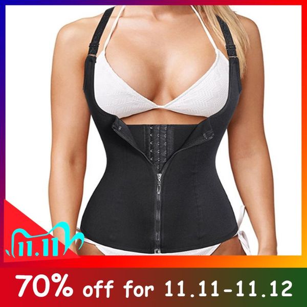 

women's shapers waist trainer push up vest for women tummy belly girdle body shaper cincher corset zipper plus size slimming, Black;white