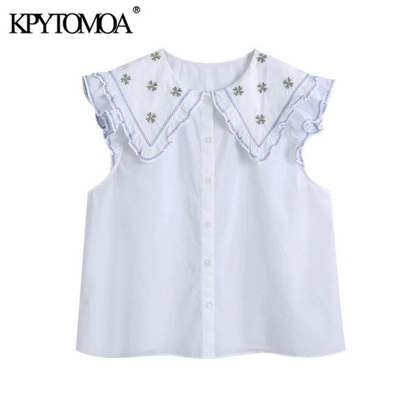 

women sweet fashion patchwork embroidery poplin blouses peter pan collar button-up female shirts chic 210420, White