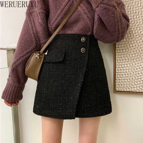 

werueruyu autumn winter women wool shorts korean fashion irregular high waist shorts skirts ladies casual 210608, Black