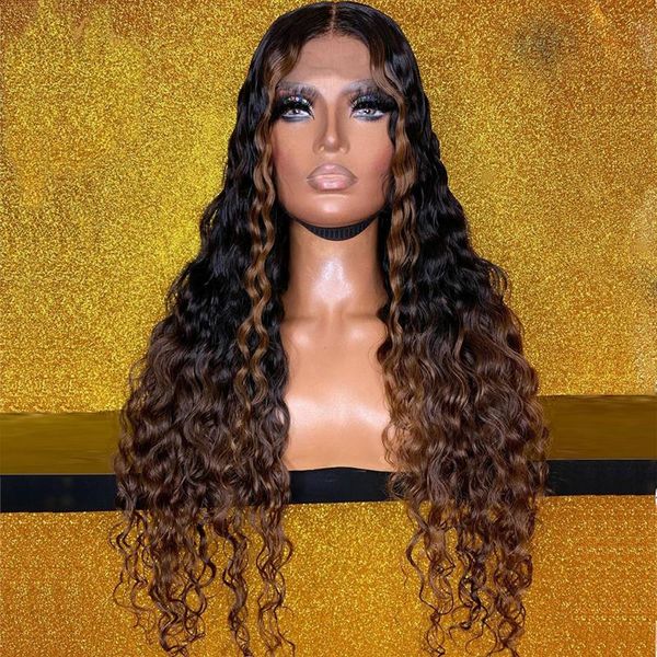 

lace wigs preplucked highlight color long kinky curly remy 13x4 t part front human hair wig for women with baby bleached knots, Black;brown