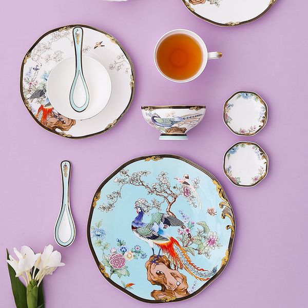 Atacado 11 Pcs Porcelana Dinnerware Conjuntos Chinese Clássico Lucky Bird Decorações de Casa Sala de Luxo Sala de estar Cerâmica Conjunto de exposições