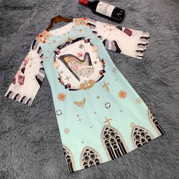 

truevoker summer runway fashion party dresse's half sleeve print crystal beading ladies casual straigth dress 210602, Black;gray