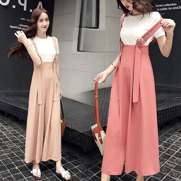 

women's pants & capris women summer high waist bandage overalls suspender bib female loose wide leg trousers, Black;white