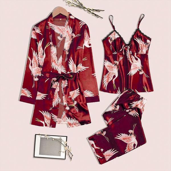 

3 pieces pajamas sets womens sleepwears faux silk print bath gown wedding kimono night dress robe with belt, Black;red