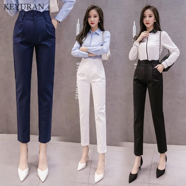 

women pencil pants spring autumn high waist stretchy ankle-length workwear female office trousers solid casual slim woman women's & cap, Black;white