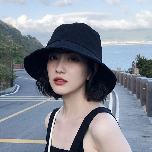 

summer bucket hat for women soft cotton solid color big wide brim outdoor sun hats portable foldable panama cap lady caps, Black;white