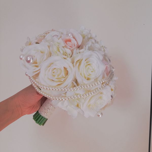 

silk round cream pink wedding flowers for bride pearls beads diamond bridal accessories luxury bouquet fleur artificielle