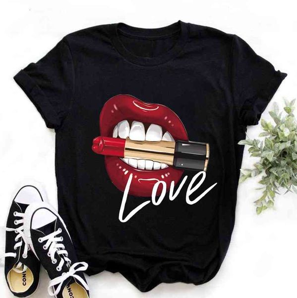 

women's t-shirt cute printed black red lips and lipsticks fashion women love tshirt female tee shirt ladies clothes mdp1, White