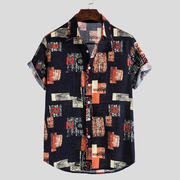 

summer mens short sleeve hawaiian shirts cotton linen casual printed wave regular clothing fashion blouse men's, White;black