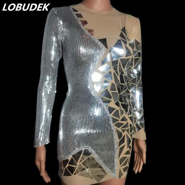 

stage wear silver sequins mirror transparent mesh short dress women singer dancer bar birthday party see through outfit, Black;red