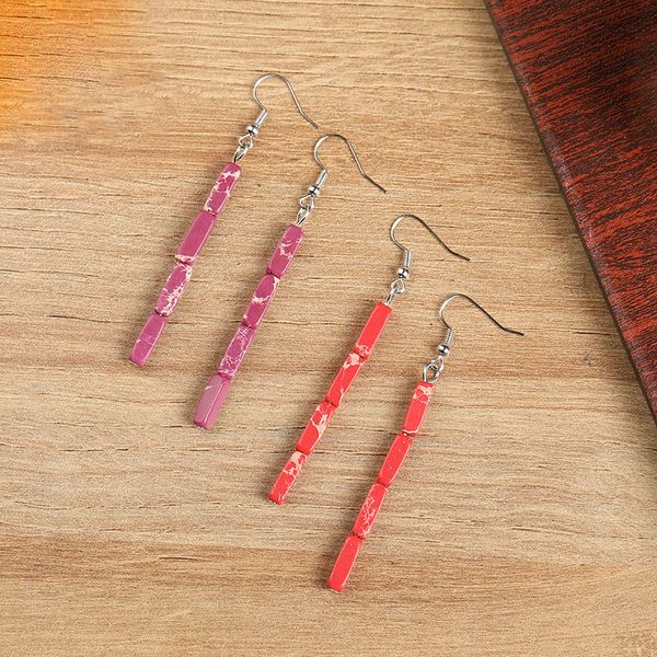 

natural square stone dangle earrings retro style vintage mixed color turquoises earring jewelry long size, Silver