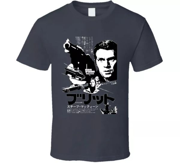 

steve mcqueen bullitt 70s classic movie japan t shirt t shirt, White;black