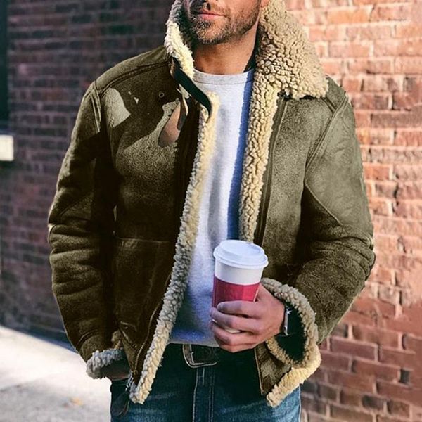

men's trench coats men mid-length windbreaker jacket with lapel solid color suede coat fashion padded long-sleeved lamb fur casual, Tan;black