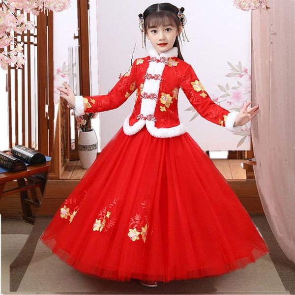 

ethnic clothing hanfu girls costume cheongsam china year spring festival winter thickening robe warm performance flower kid dresses, Red