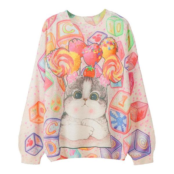 

women's sweaters cute cat candys print sweater women loose pullovers autumn o-neck long sleeve thin casual knit jumpers, White;black