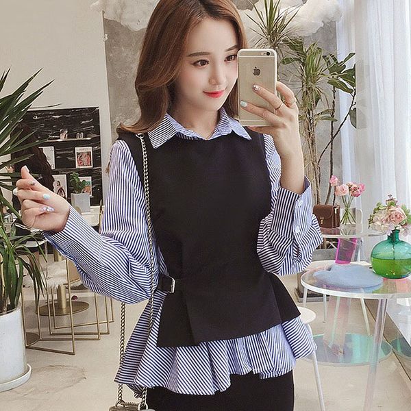 

female patchwork shirt womens office blouse fake collar ladies blue stripe slim casual autumn warm shirts long sleeve 2pc, White