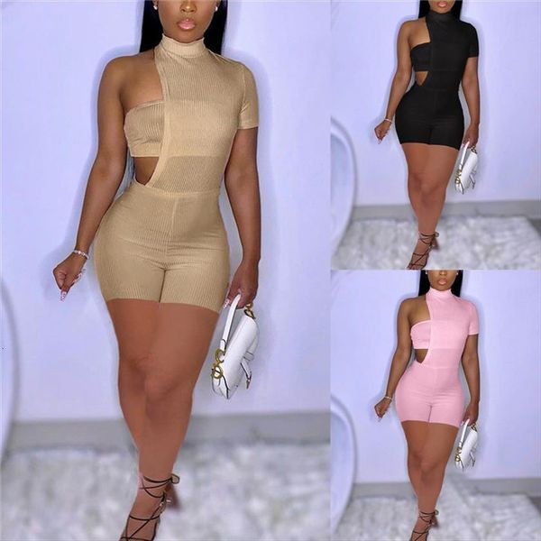 

2 pieces suits tube women tracksuits bustiers clubwear single sleeve off shoulder hollow out jumpsuits biker shorts, Gray