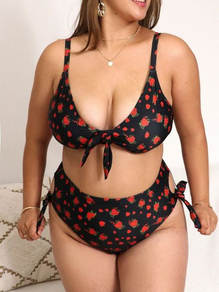 

plus floral print tie side bikini swimsuit t1o4#, Black