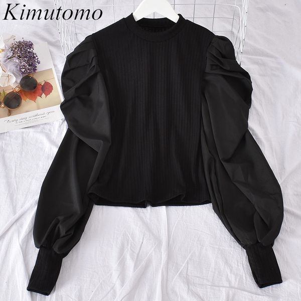 

kimutomo women blouses autumn fashion female o-neck patchworkfake two-piece shirt slim puff sleeve elegant 210521, White