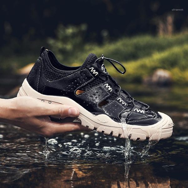 

sandals summer men's genuine leather waterproof non-slip daily outdoor black khaki men casual shoes bteathable slip-on1