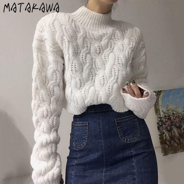 

matakawa chic half high neck pullover twist woman sweaters loose long sleeve warm knitted sweater women korean 210513, White;black