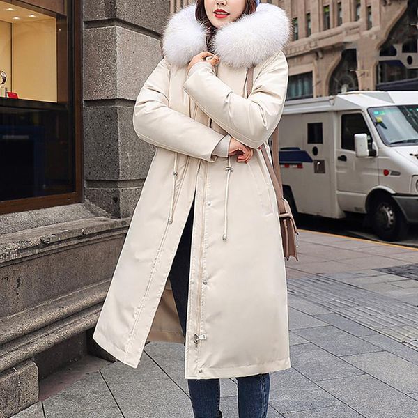 

women's down & parkas fashion women winter warm solid colors faux fur hooded slim-fit padded thick long coat jackets outwear piumini do, Black