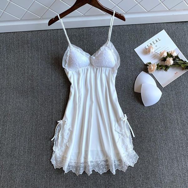 Indumenti da notte da donna Chemise da notte Camicia da notte sexy in pizzo bianco Camicia da notte da donna in raso con spalline estive